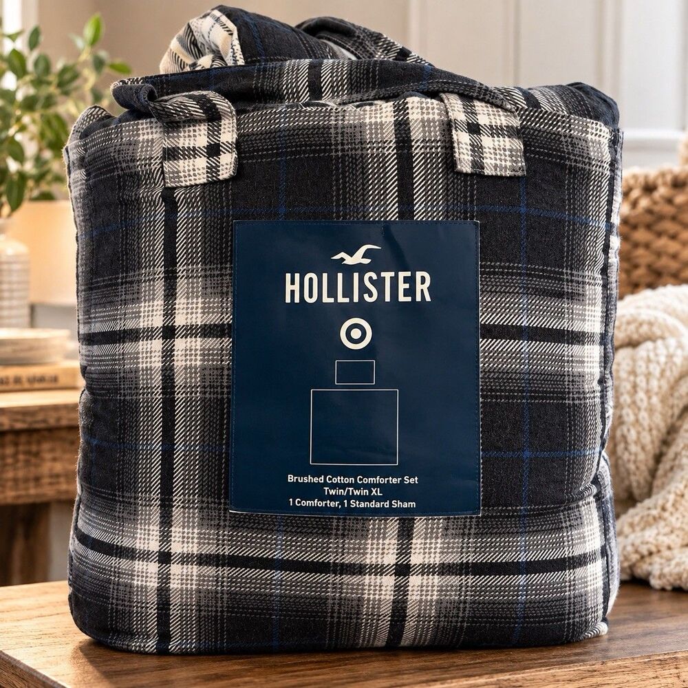 Hollister Target Black Gray Plaid Brushed Cotton Comforter Set Twin Twin XL NWT